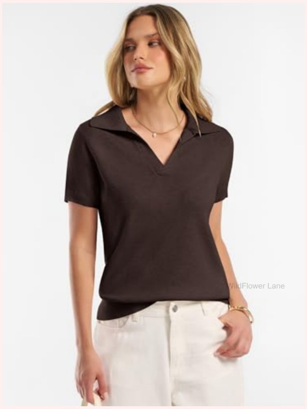 Short Sleeve Wool Blend Polo V Neck Sweater Dressy Top Business Casual View 6